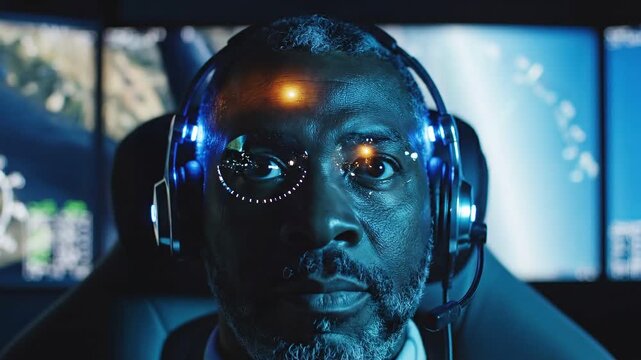 Man with headset and futuristic eye interface