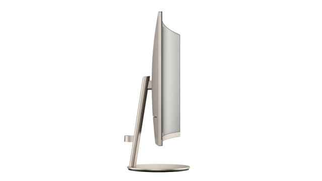 Isolated sleek curved computer screen angled to the side on neutral support pedestal stand