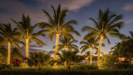 Lit palm trees under a dusk sky. Tropical scene with ambient lighting