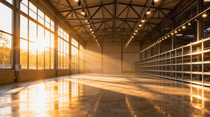Sunlit Empty Warehouse Interior with Shelves