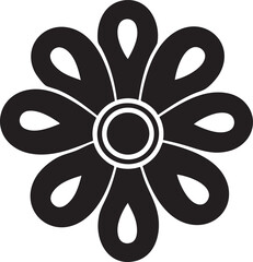 Black and white flower shape with teardrop petals and circular center