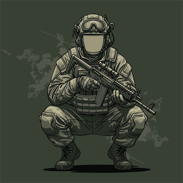 Pixel art soldier. Tactical military illustration. Retro game style graphic.