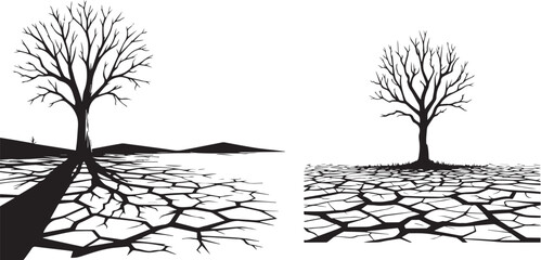 barren trees on cracked dry earth in drought landscape scene black vector set.
