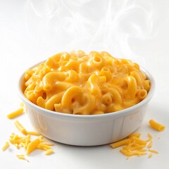 Delicious steaming hot macaroni cheese in a white bowl white background.