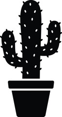 Minimal vector silhouette, desert cactus in a ceramic pot with small spines and arms, solid black, isolated on white.