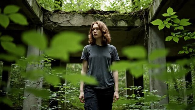 Young caucasian woman exploring an abandoned building reclaimed by nature. Cinematic sequence showing a pensive female in a post apocalyptic overgrown concrete structure