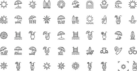 Black and white beach including umbrellas lounge chairs surfboards suns cocktails line umbrellas