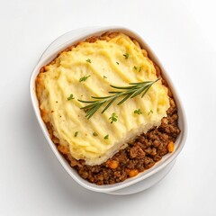 shepherds pie with mashed potatoes and minced beef white background.