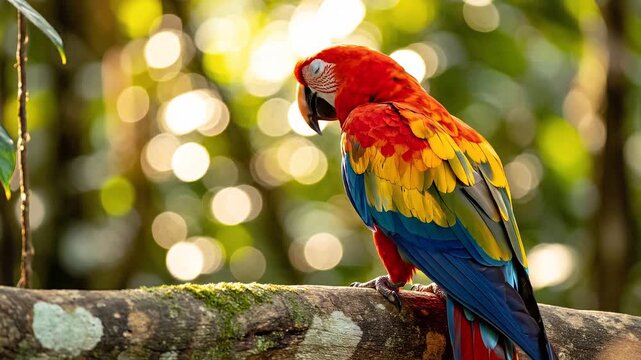 A vibrant macaw perched on a moss-covered branch in a lush forest, viewed from the side with a blurred green background