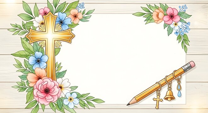 Christian baptism or confirmation certificate template with cross and quill