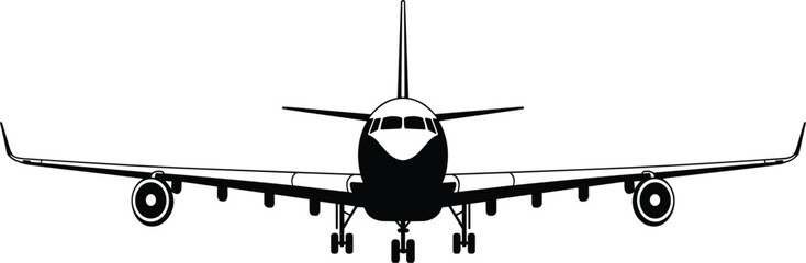Black and white commercial airplane front view vector illustration isolated on white background for aviation design © Monjurul