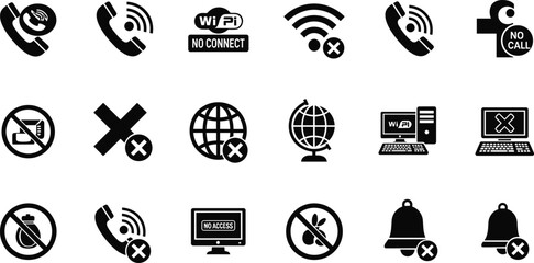 Black and white of disconnected communication and internet symbols
