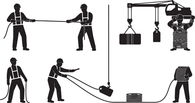 6 Black Solid Tagline Handling Poses Silhouettes Set on White Background