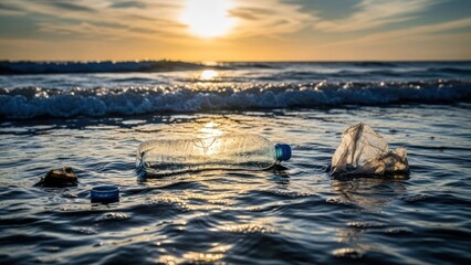 Ocean debris at sunset plastic bottle, bag pollute water, with sun reflection