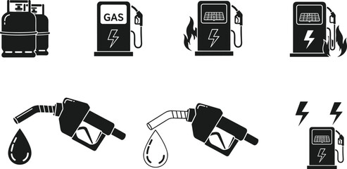 Black and white of gas pumps and fuel nozzles with flames and lightning bolts