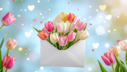 Bright multicolored tulips emerge from a white envelope, surrounded by soft bokeh hearts on a cheerful blue background.