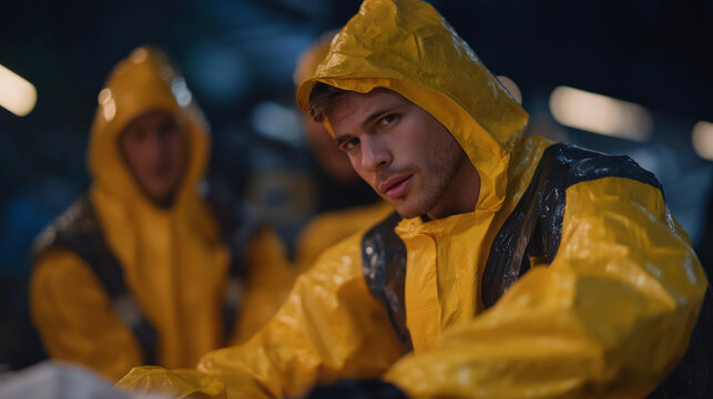In a training facility, personnel don hazmat suits to learn vital decontamination procedures, stressing the importance of safety training in handling dangerous materials and responding to spills.