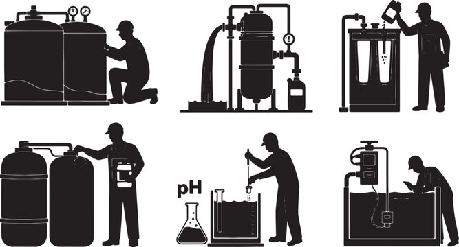 5 Black Solid Water Filtration Plant Silhouettes Set on White Background