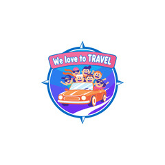 Happy friends traveling in a car, compass logo, We Love to Travel.