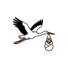 Stork delivering baby in flight, symbolizing new life and birth.