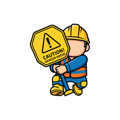 Cartoon Construction Worker Holding Caution Sign.