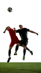 Fototapeta premium Soccer aerial collision with two players fighting for ball on white background. Concept of physical football battle, aerial dominance, match highlight, sports media, competitive play.