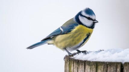 Naklejka premium Vibrant blue tit perched on snowy wooden fence post in winter