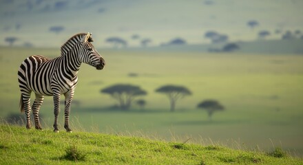 Fototapeta premium Zebra Standing on a Grassy African Savannah Hill