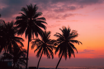 Obraz premium Silhouette of Tropical Palm Trees Against Ocean Sunset, Detailed Tropical Beach LandscapeKeywords (45):