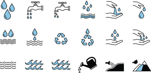 Blue water droplets with black outlines