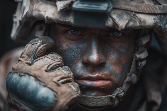 United States Marines in Action with Military Equipment, Helmet, Warpaint, and Tactical Gloves in Combat Scene