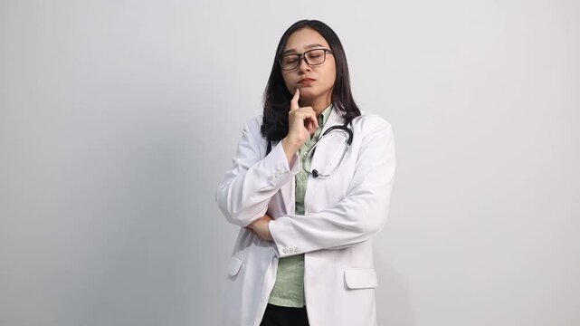 Beautiful young female doctor with thoughtful expression while touching her chin and looking up, got an idea pointing up.