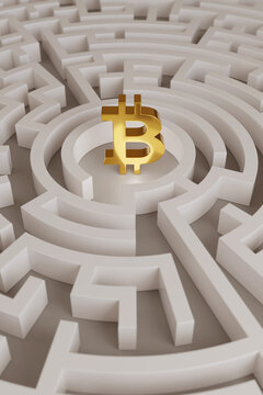 Bitcoin sign in the center of a maze. Vertical composition. 3d illustration.