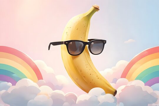 Whimsical banana wearing sunglasses floating in a pastel sky with dreamy rainbow clouds, surreal and fun concept.