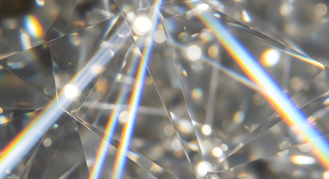 Abstract close-up of a faceted diamond with rainbow light refractions, representing luxury, brilliance, and clarity.