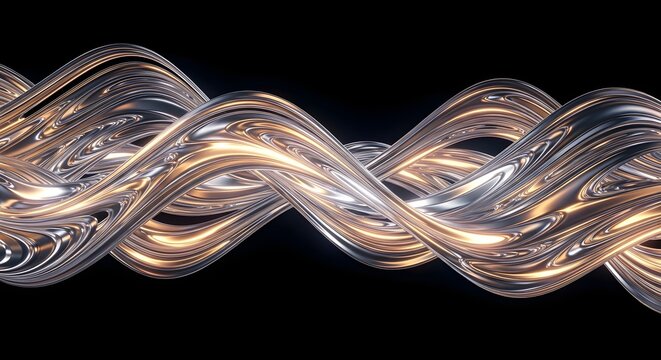 Fluid metallic waves of silver and gold flowing in a sinuous S-shape, creating an elegant and luxurious abstract background.