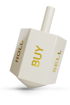 Spinning top with the words BUY, SELL and HOLD isolated on white background. Investment concept. 3d illustration.