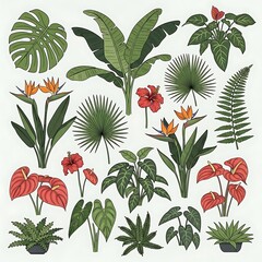Exotic Tropical Plants Vector Collection A vibrant assortment of diverse botanical elements, lush leaves, and colorful flowers for design projects