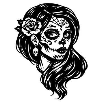 Day of the Dead Sugar Skull Woman Portrait with Rose Flower and Skull Earring, Mexican Catrina Girl Gothic Halloween Vector Illustration Design, Black and White Logo