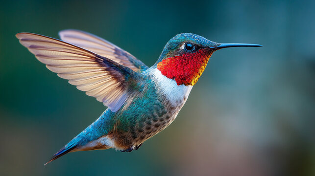 A hummingbird with vibrant feathers is flying in mid air rapidly outside
