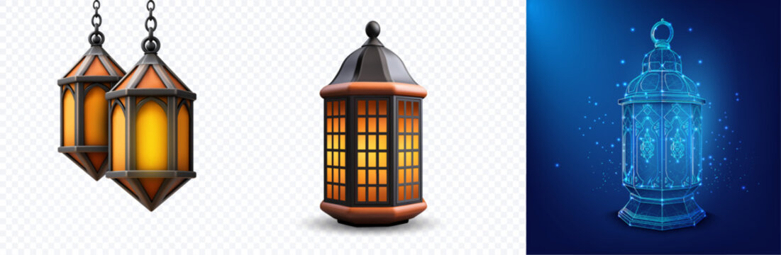 Collection of 3D Arabic Ramadan lanterns: warm glowing hanging fanous and standing lamp, plus futuristic blue hologram wireframe lantern on blue background, isolated set