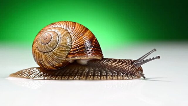 Macro Close Up of Brown Snail Crawling on White Surface With Detailed Spiral Shell and Textured Body, Slow Moving Gastropod on Green Background, Clean Minimal Nature Concept