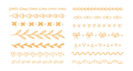 Obraz premium Flourish and dividers crayon drawn set. Gold pencil drawings. Doodle chalk decorative lines, underline, strikethrough, twigs with leaves. Hand drawn symbols. Vector illustration