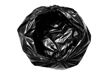 A Close-Up View of a Crumpled Black Plastic Bag with an Intriguing Texture and Depth Highlighted Against a Solid Black Background on Transparent Background