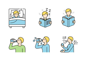 Healthy Lifestyle Icons Showing Sleep Reading Hydration And Breathing Exercises For Wellness And Self Care Concepts