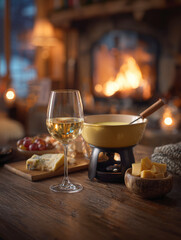 Cozy Winter Evening with Traditional Cheese Fondue Set, Glass of White Wine, Gourmet Appetizers, and Bread Cubes on Rustic Wooden Table in Front of a Warm Blazing Fireplace in a Cabin Interior