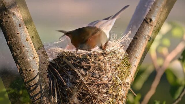 A small bird constructs its nest between three slender tree branches in a serene natural setting.