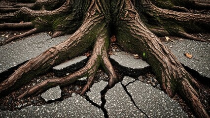Fototapeta premium Tree roots break through asphalt, symbolizing nature's power