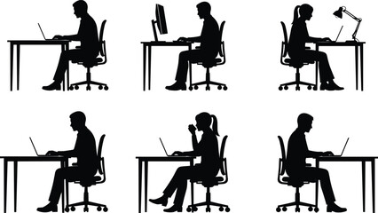 Collection, of, black, silhouettes, featuring, male, and, female, office, workers, using, laptops, at, desks, for, professional, remote, business, work, environment.