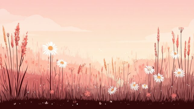 Spring meadow themed seamless floral pattern, flat illustration style, white wildflowers scattered densely with pastel centers, crisp green foliage, light pink backdrop, soft playful spring atmosphere